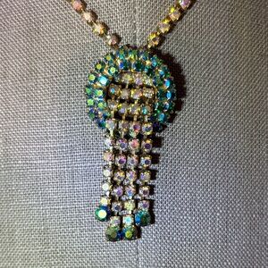 Vintage Gold and Blue Aurora Borealis Crystal Tassel Pendant Necklace